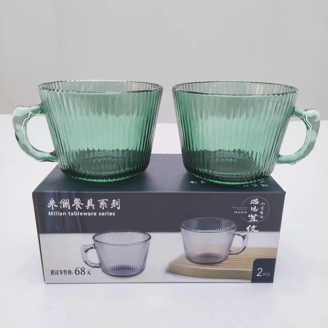 밀라노 유리, 스타일 식기 수직 패턴 싱글 핸들 컵 페어 컵 투피스 세트 세트 선물 선물 상자 손 선물