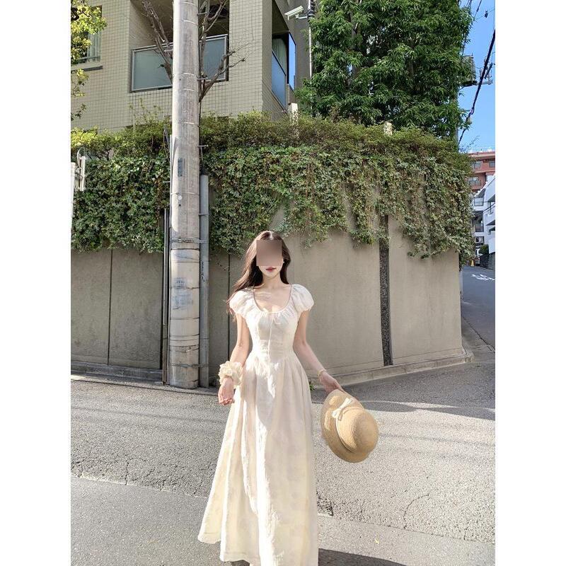 French Style Puff Sleeve Tight Waist dress Casual Elegant Charm High-end Design Sense Elegant Long Dress Women's Summer A- Line Dress