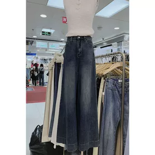 浅蓝色阔腿牛仔裤女2024夏新款设计感高腰显瘦直筒宽松垂感拖地裤