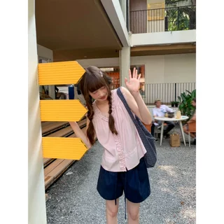 木耳花边V领小飞袖背心女夏无袖衬衫小宽松显瘦别致小衫