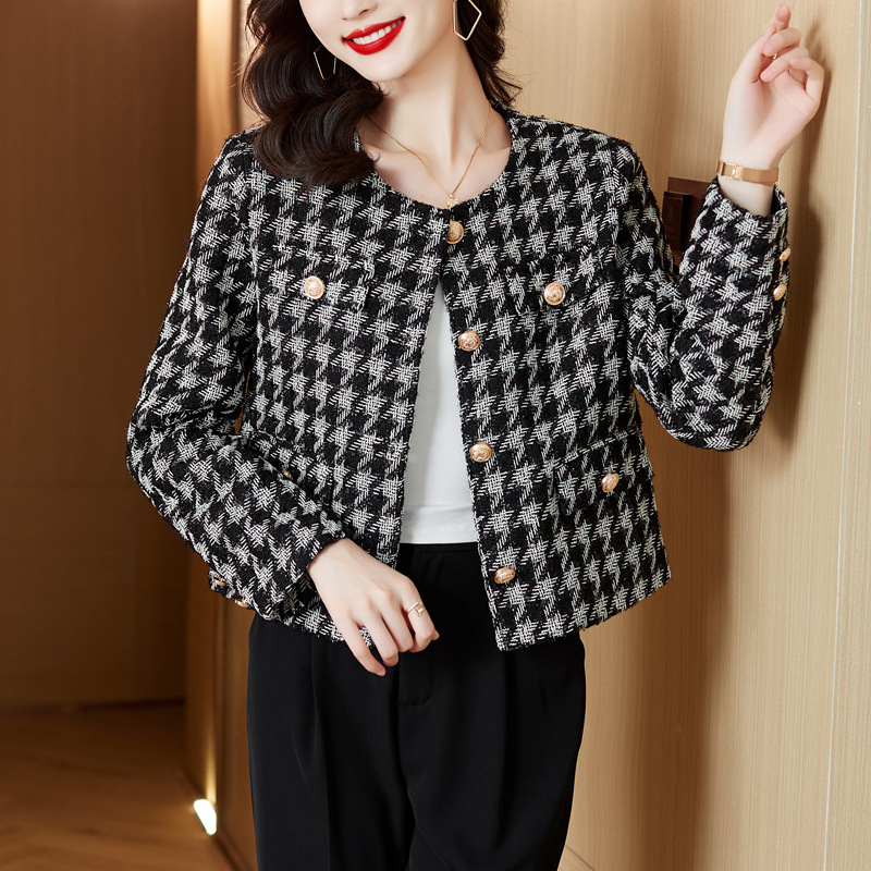 Retro Tweed Short Coat for Women, Spring and Autumn Style, Petite Cardigan, Houndstooth Style, Outer Wear