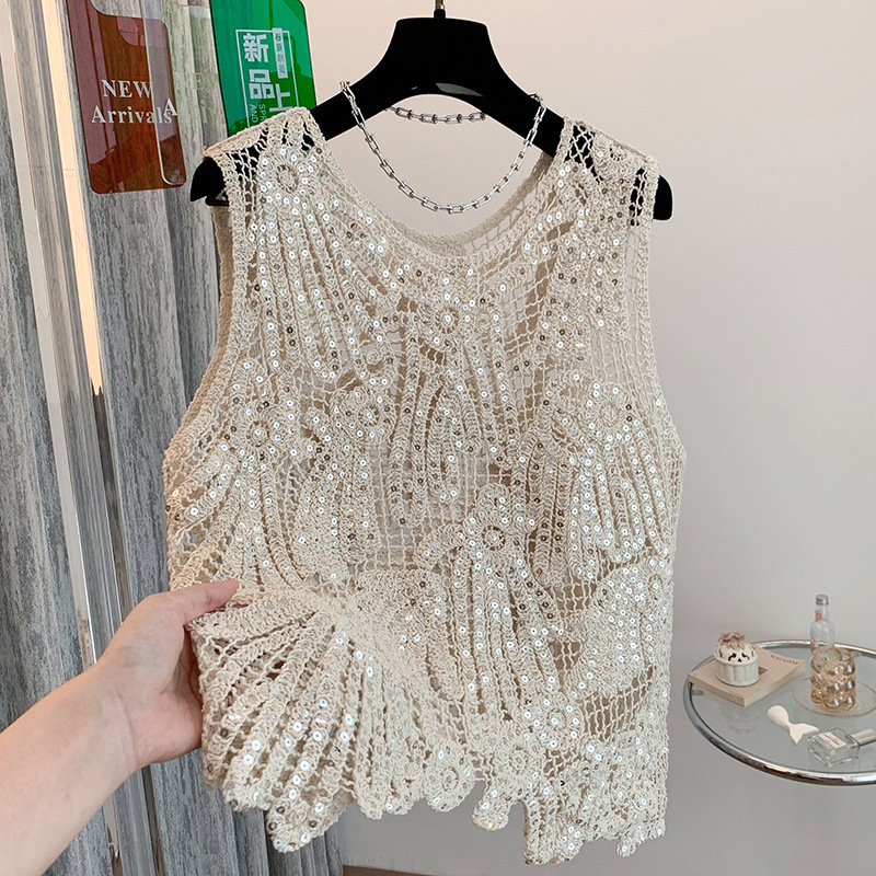 Real Shot of Hollow Knitted Vest Top Summer New Sleeveless Loose Retro Irregular Lace Vest for Women to Wear Outside