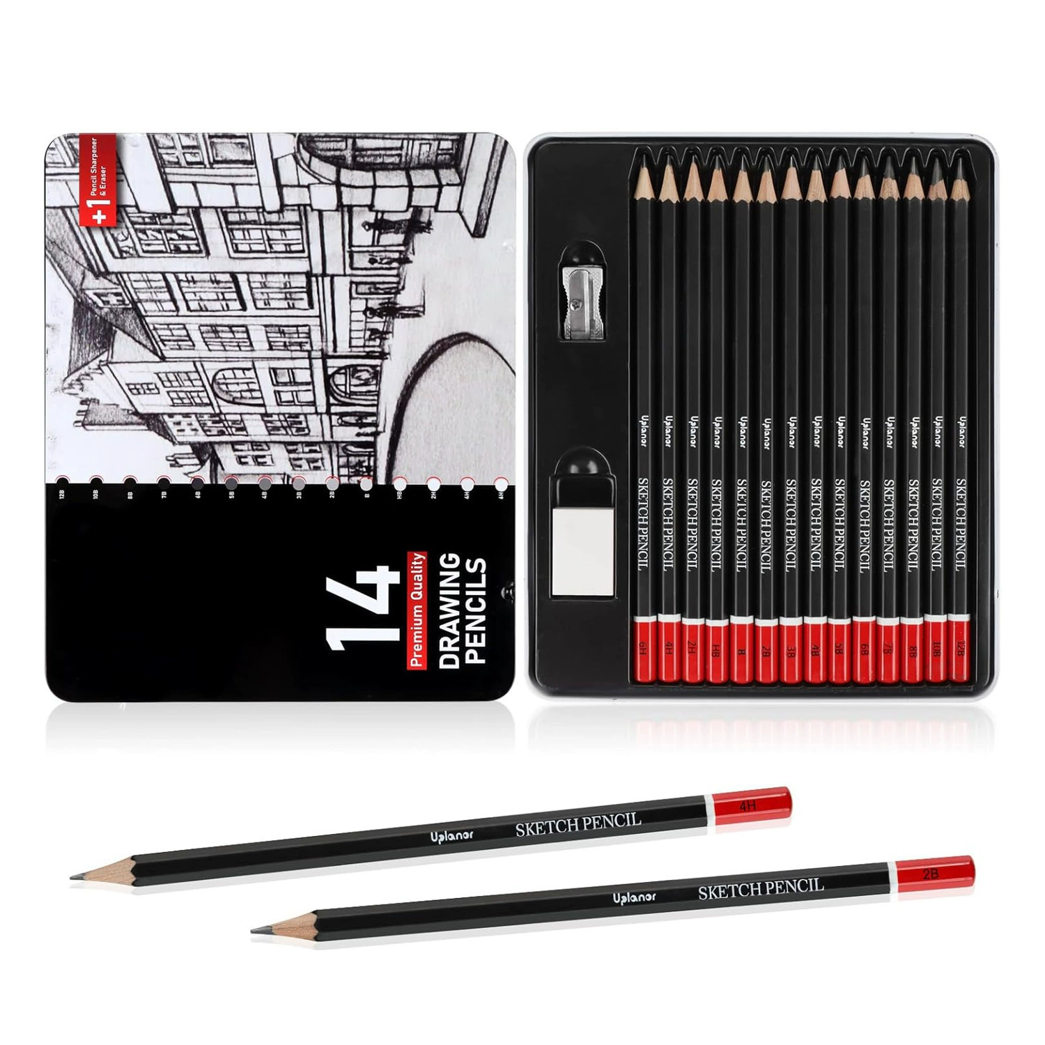 Набор карандашей для эскизов, 14 шт. (12B–6H), графитовые угольные карандаши, оптом с точилкой для ластика, жестяная коробка