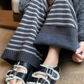 条纹休闲裤子抽绳加绒阔腿裤女秋冬季高腰针织加厚直筒裤垂感长裤