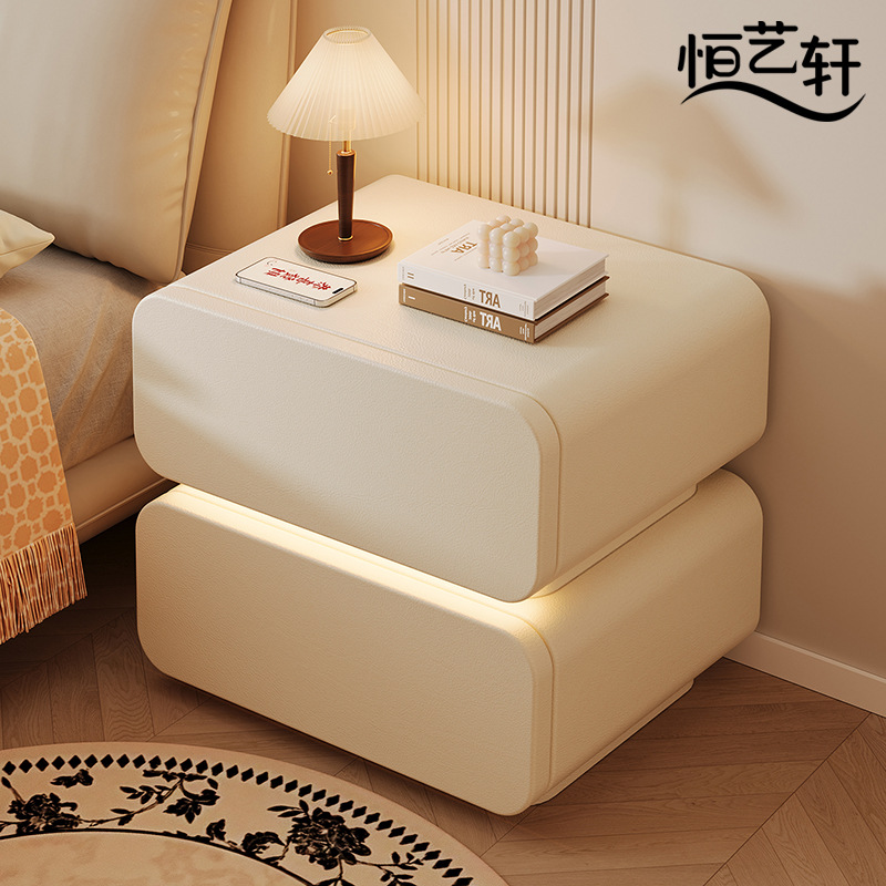 Hengyixuan Smart Bedside Table Cream Style Simple Solid Wood Bedside Storage Cabinet Light Luxury High-End Bedroom Bedside Table