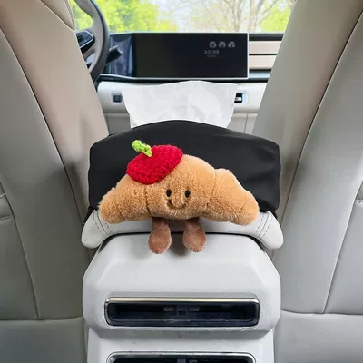 Cute Croissant Car Tissue Bag Creative Car Seat Back Tissue Bag Car Armrest Box Tissue Box for Girls (Car tissue box/set) - croissant-black-tissue-bag-red-hat-armrest-box
