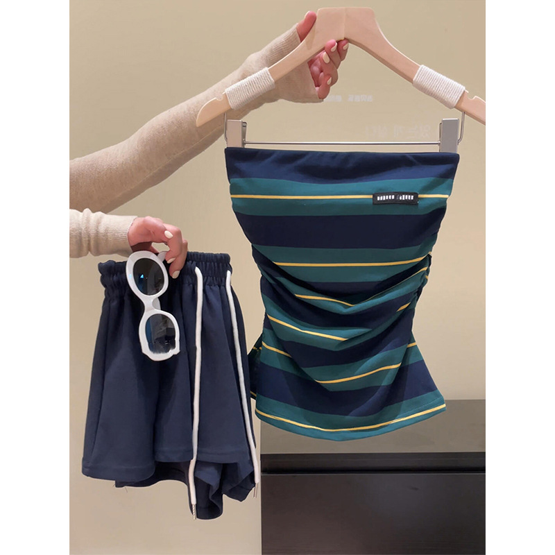 Pure Lust Style Sexy Hot Girl Striped Tube Top Vest Pajamas for Women to Wear Outside in Summer Casual Shorts Home Clothes Set