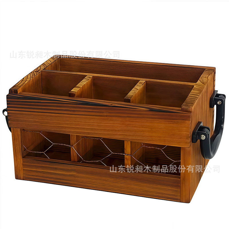木质餐具收纳盒复古带把手刀叉筷子整理盒实木分格式调料刀叉盒|undefined