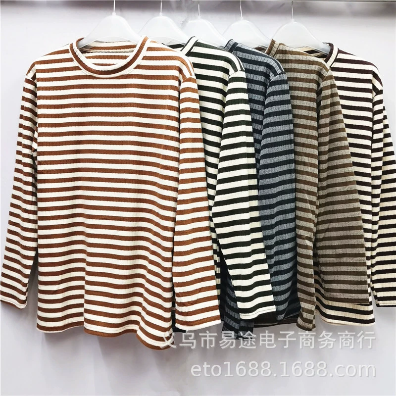 Осенне-зимняя двусторонняя шерстяная цветная хлопково-кашемировая полосатая рубашка с самонагревающимся низом для женщин среднего и пожилого возраста, осеннее пальто с высоким воротником и низким воротником для теплотехнического возраста