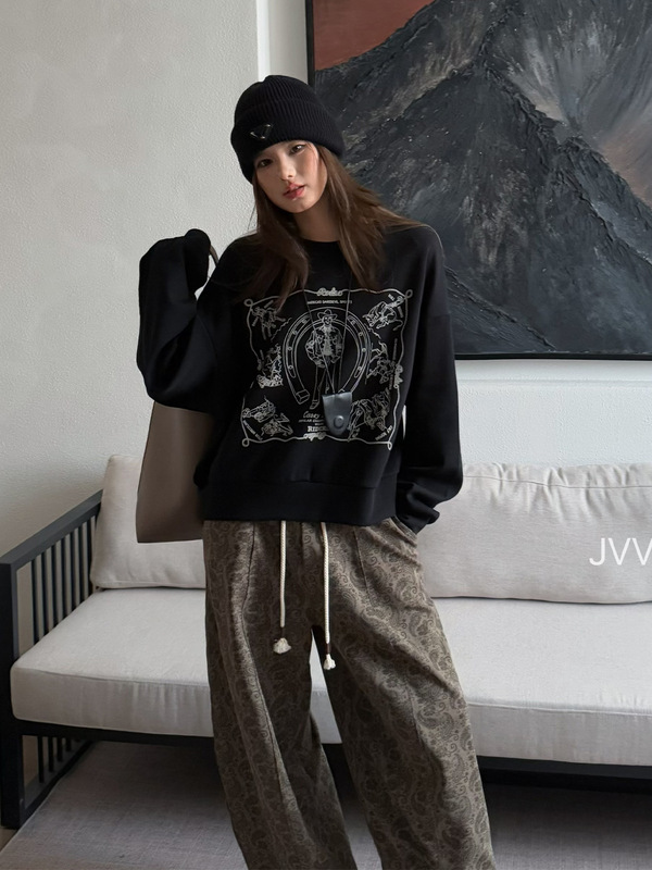 JVV十三行2025冬季新款印花图案休闲上衣百搭宽松长袖卫衣女90675|undefined