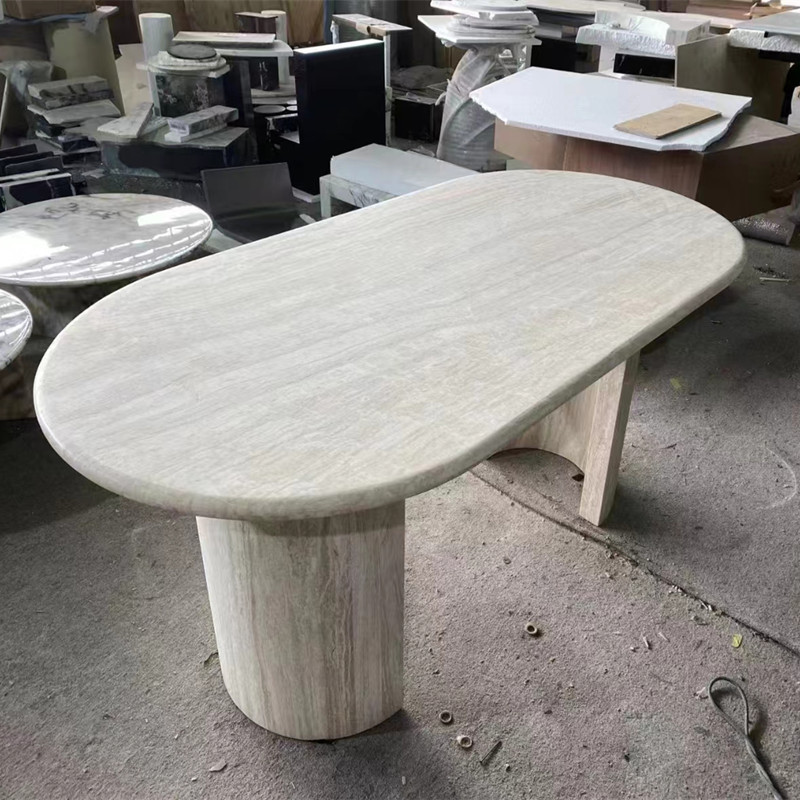 White Travertine Marble Dining Table Customized Luxury Stone Dining Table Full Set Round Natural Marble Dining Table Home Dining Table Factory