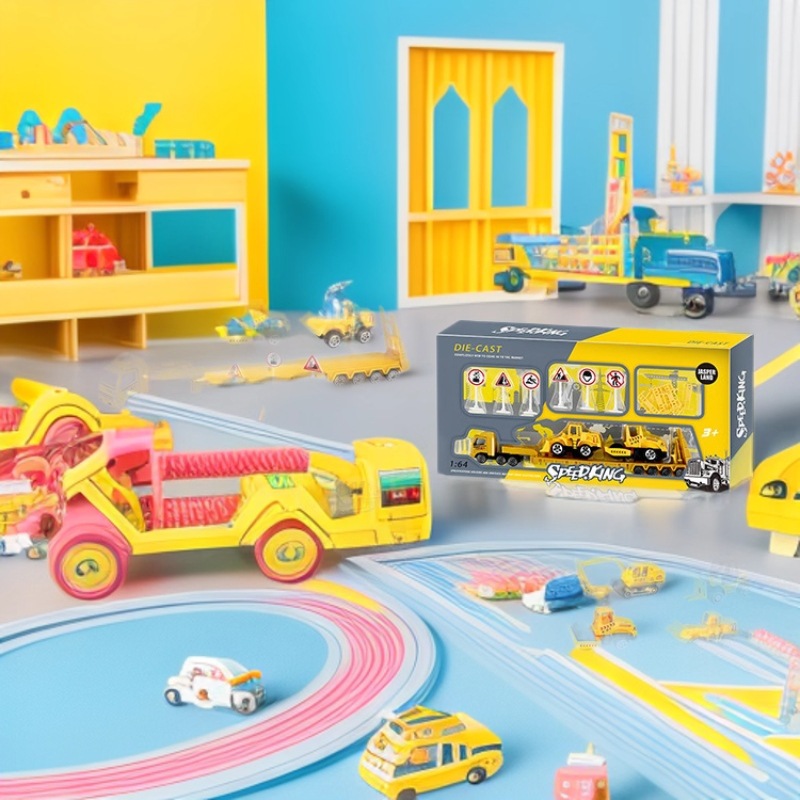 Simulation Tractor Truck Engineering Vehicle Alloy Vehicle Transporter Simulation Scene Plus Roadblock Wholesale Gift Box Boys and Girls Gifts