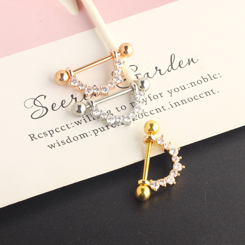 U-Shaped Nipple Ring with Crown Zircon - Rose Gold Stainless Steel Body Jewelry detail image 8