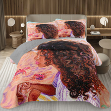 跨境三件套非洲女孩床盖3d数码印花绗缝床单来图亚马逊外贸床上用