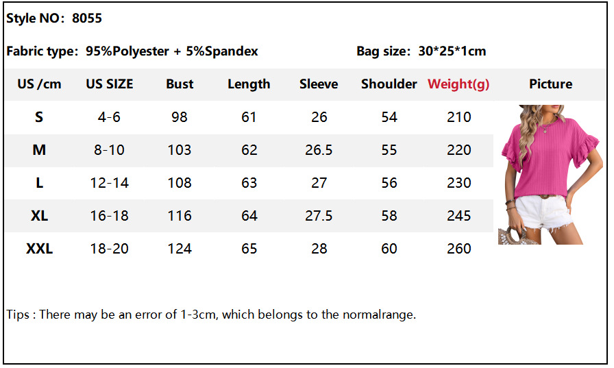 210g Weight Short Sleeve Sleeve Length Pullovers Placket Type Flounce Sleeve Sleeve Type Spandex, Polyester Fabric Type Regular Top Length T-shirt Tops Type Daily Occasion Round Neck Neckline Loose Fit Type Solid Color Pattern Summer, Spring Season Women's Gender Elegant Style Wholesale Women's Elegant Solid Color Short Sleeve T-Shirts 1