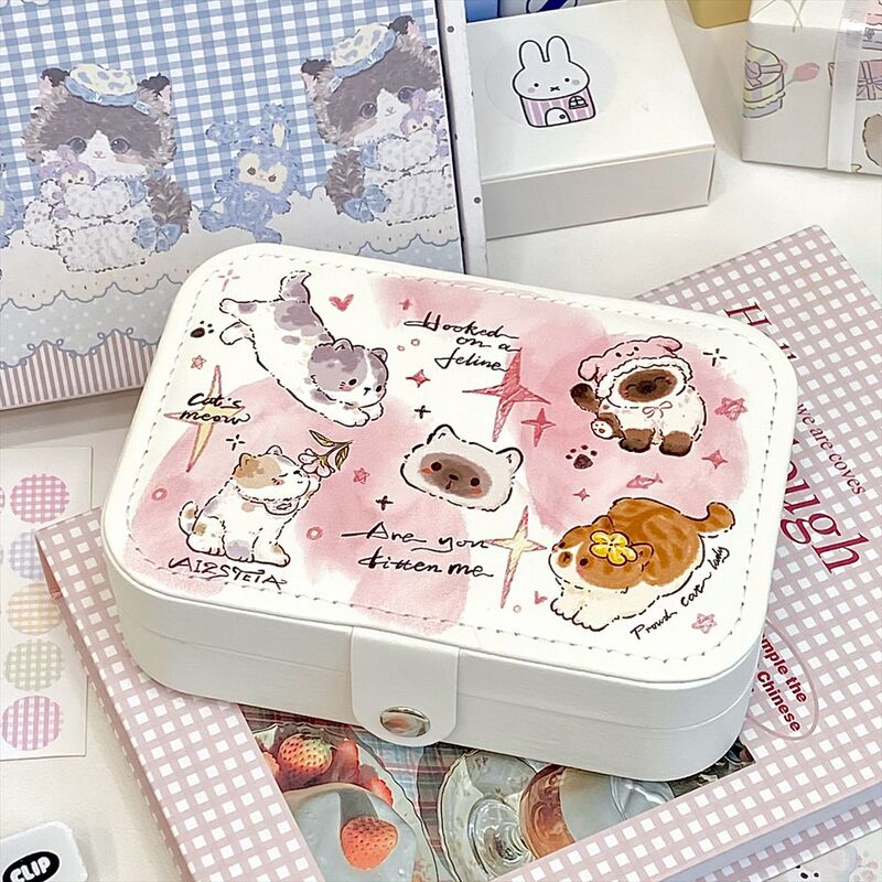 オリジナル漫画猫と犬のジュエリー収納ボックスポータブルイヤリングネックレストラベルレザーハイエンドジュエリーバッグ|undefined
