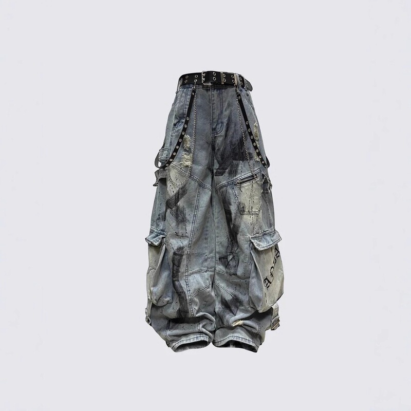 American-style patchwork deconstructed ribbon workwear jeans for men, trendy high-street multi-pocket ripped wide-leg cotton pants for all seasons American-style patchwork deconstructed ribbon workwear jeans for men, trendy high-street multi-pocket ripped wide-leg cotton pants for all seasons
