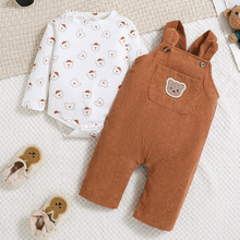 男婴 春秋宝宝宽松休闲背带裤套装 灯芯绒熊章子背带裤+熊头长袖
