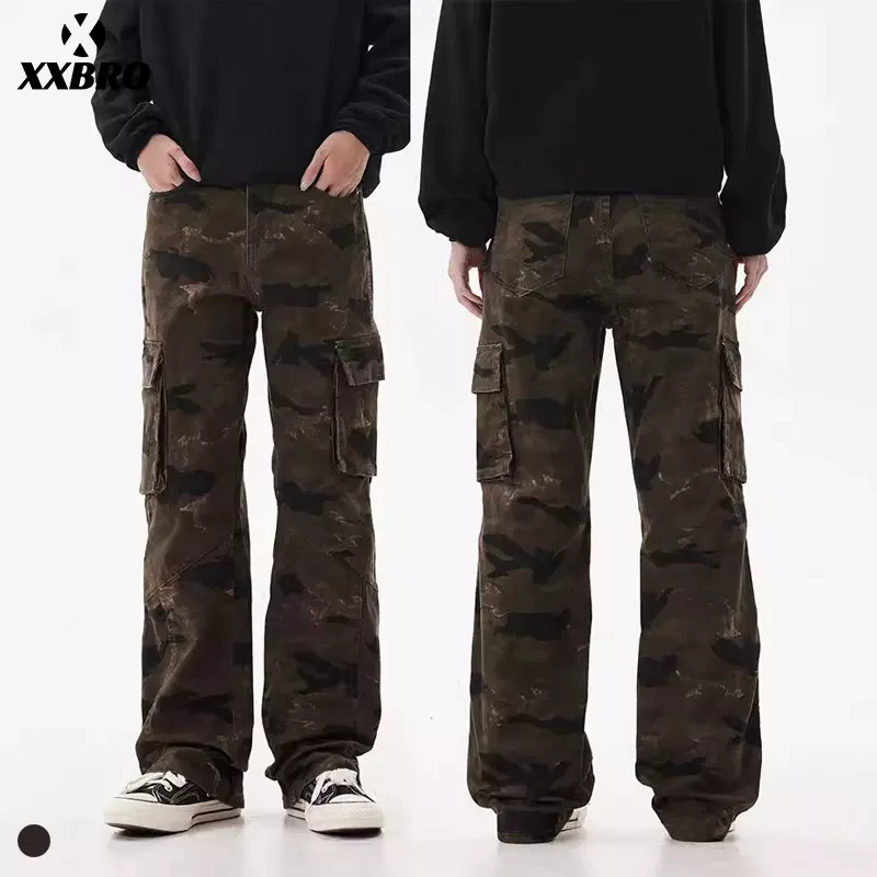 xxbro男装#美式潮牌vibe风工装裤男女迷彩裤高街喇叭牛仔裤拖地裤