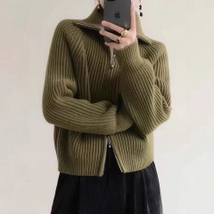 设计感双拉链毛衣开衫外套女秋冬小个子温柔风软糯立领针织上衣
