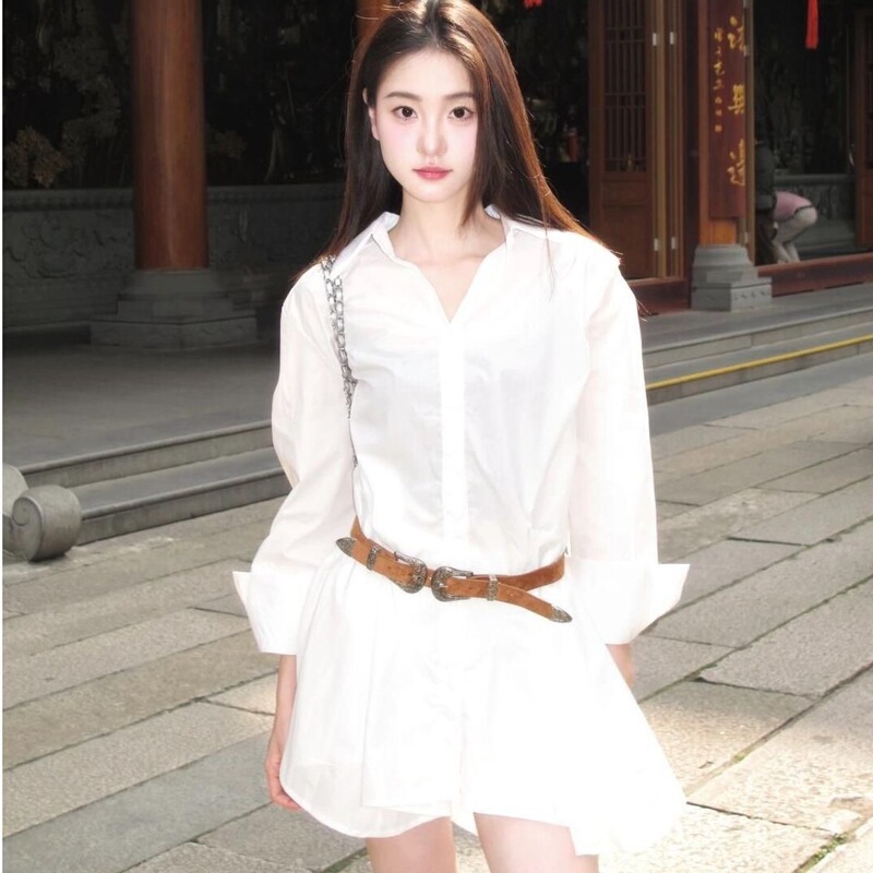 Original quality and production methods # French-style white long-sleeved shirt dress and shorts set, a stylish outfit for women Original quality and production methods # French-style white long-sleeved shirt dress and shorts set, a stylish outfit for women