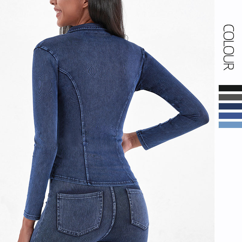 Cross-border nuevo punto Denim cremallera chaqueta de yoga mujeres adelgazamiento apretado de cuello alto doble bolsillo fitness ropa de abrigo superior