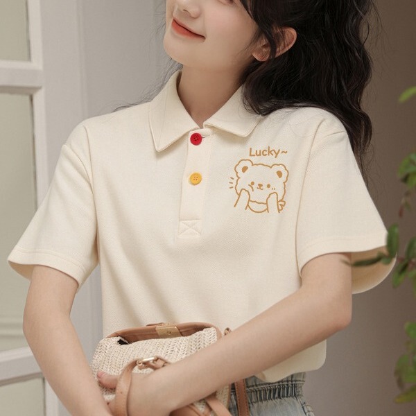 Campus style polo shirt women's short-sleeved T-shirt summer new junior high school student college age-reducing lapel Hong Kong style top
