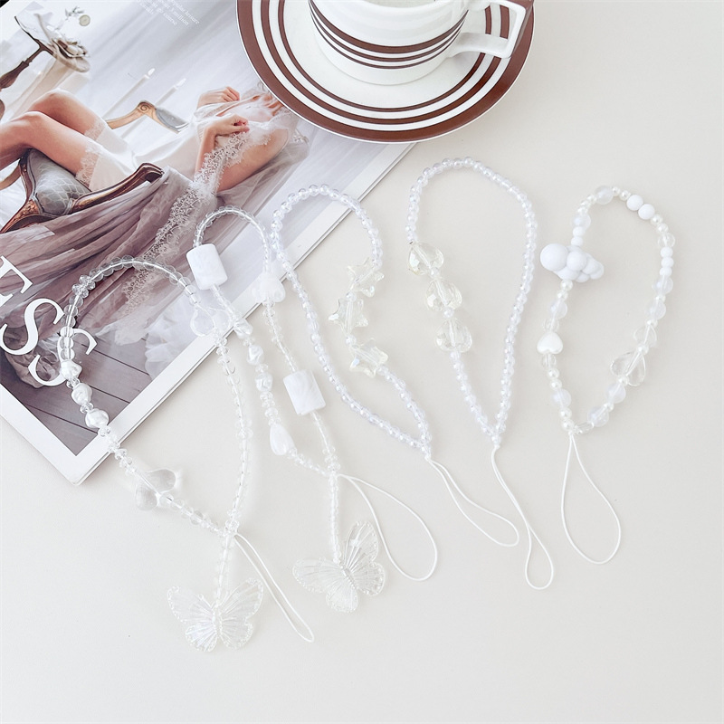 Acrylic transparent beaded mobile phone chain five-pointed star love butterfly mobile phone lanyard mobile phone case pendant girl gift