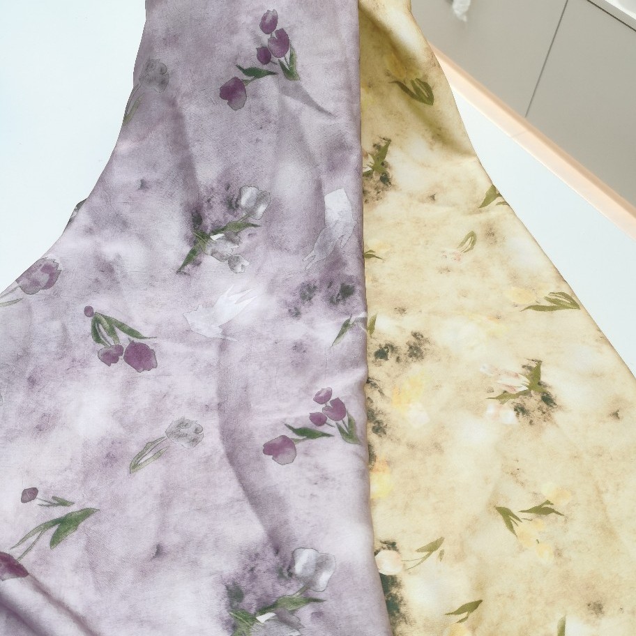 新中式国风竹子印花布料绝美水彩花卉仿醋酸淡雅花型印花面料批发