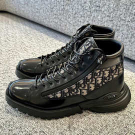 原标原盒广州货欧洲站新款牛皮拼接帆布透气厚底休闲皮鞋男士皮鞋