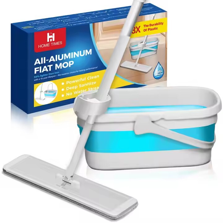Hometimes Aluminum Flat Mop and Foldable Set Microfiber Mop Pad with Wheels for Floor Cleaning