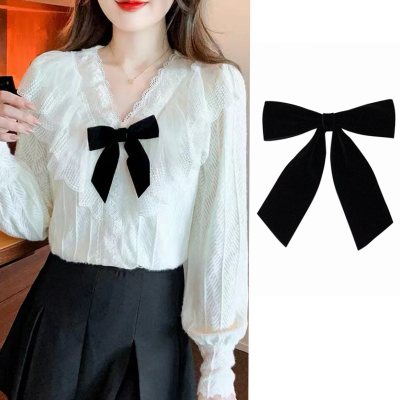Bow Tie for Women, Artistic Retro British Style Shirt Collar, Black Velvet Decorative Bow Brooch, Collar Flower Accessory Pin