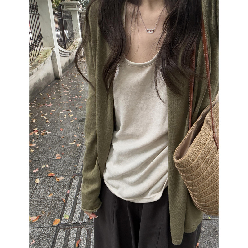 Korean-Style Lazy Style Green Ice Silk Sun Protection Cardigan for Women, Summer Thin Camisole with Shawl Cover-Up Set