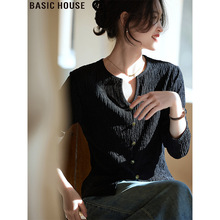 Basic House/百家好黑色V领肌理感针织衫女装2025春季新款长袖T恤