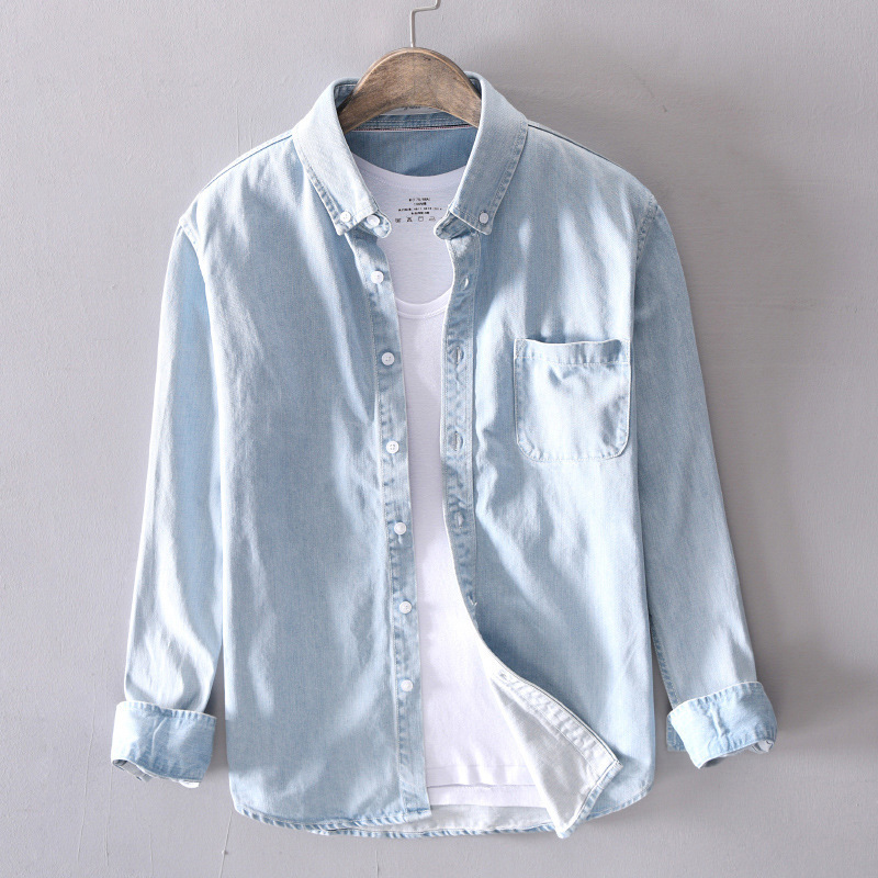 Light Color Denim Shirt Men's Thin Loose Long-sleeved Washed Men's Top Jacket Summer Japanese Style Shirt Trendy