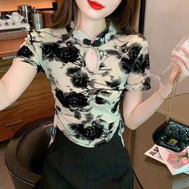 新中式国风水墨画短袖衬衫女夏季设计感抽绳衬衣复古盘扣气质上衣