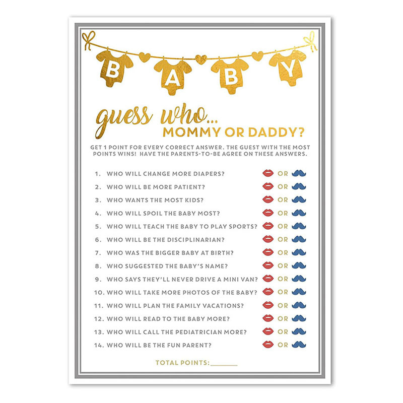 亚马逊热销烫金婴儿淋浴游戏卡猜猜谁是妈妈或者爸爸趣味活动卡