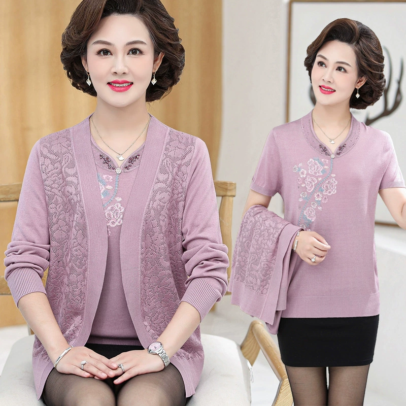 Весенне-осеннее тонкое пальто для мам среднего возраста, летний костюм с короткими рукавами для женщин среднего возраста, футболка-топ в западном стиле, комплект из двух предметов