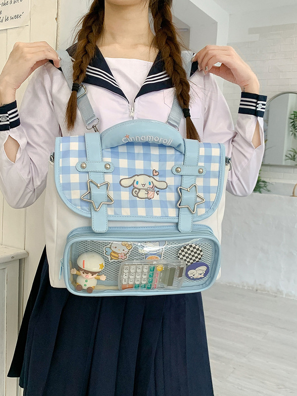 高颜值蓝色格子学院风透明痛包两用斜挎包小众设计可爱少女手提包|undefined