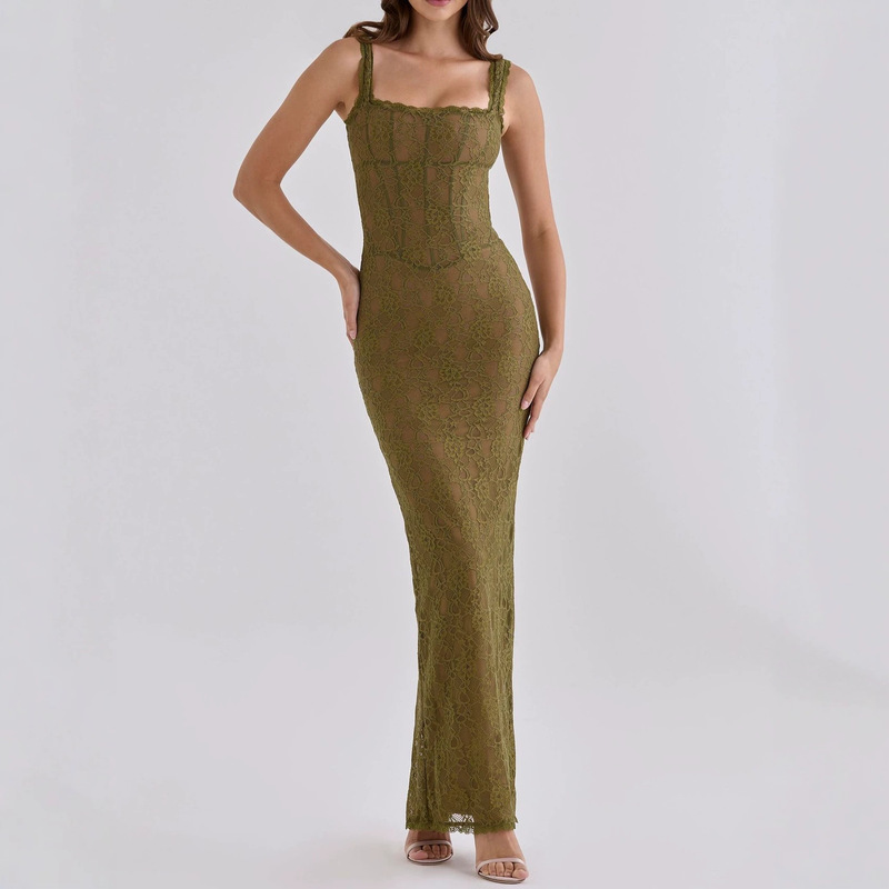 European and American style sheer lace bodycon long dress with lace straps, slim fit, suitable for vacations and banquets European and American style sheer lace bodycon long dress with lace straps, slim fit, suitable for vacations and banquets