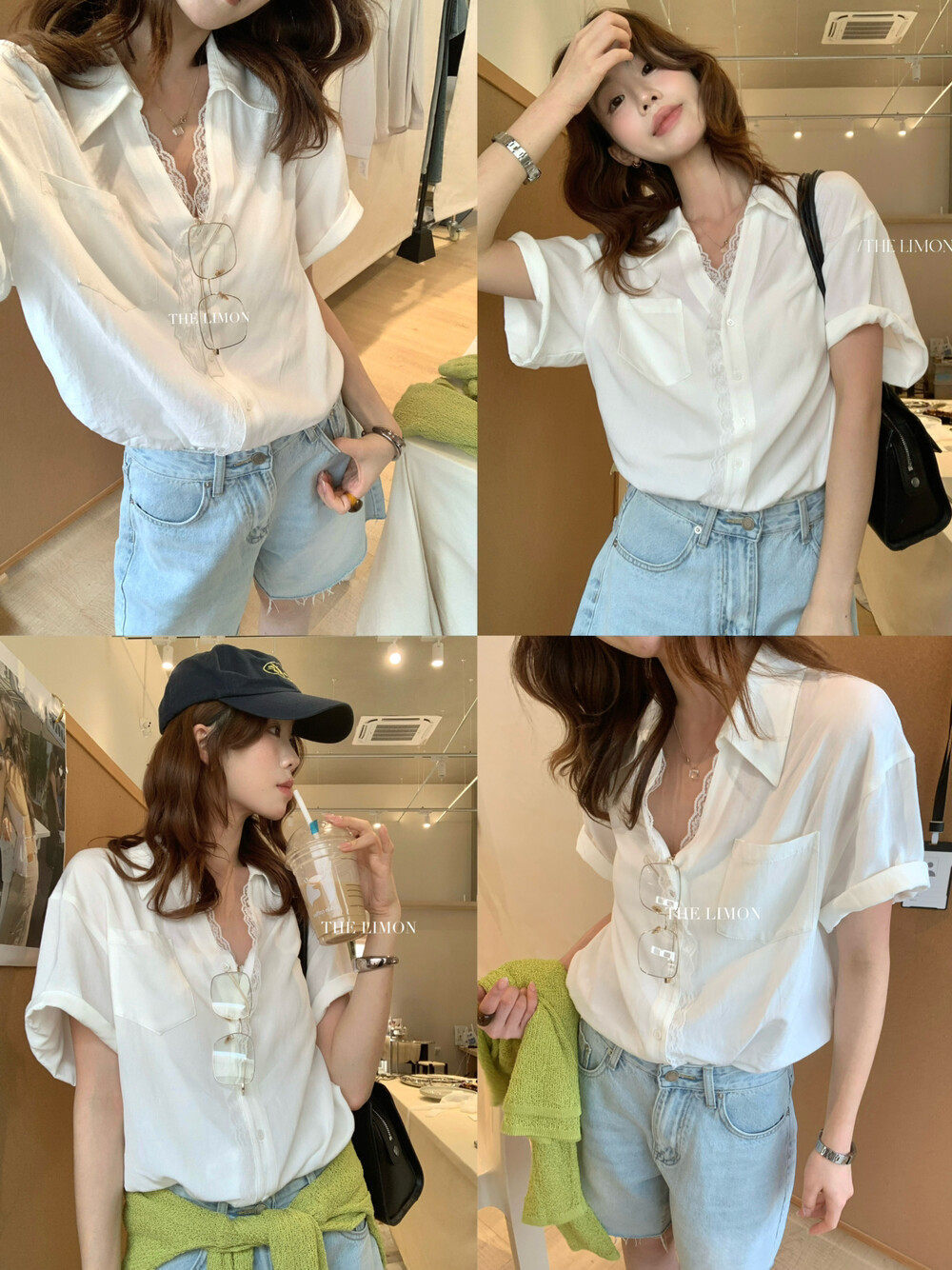 Áo sơ mi tay ngắn nữ phối ren viền cổ, dáng rộng mùa xuân hè — màu trắng, Xanh da trờicolor chi tiết 15