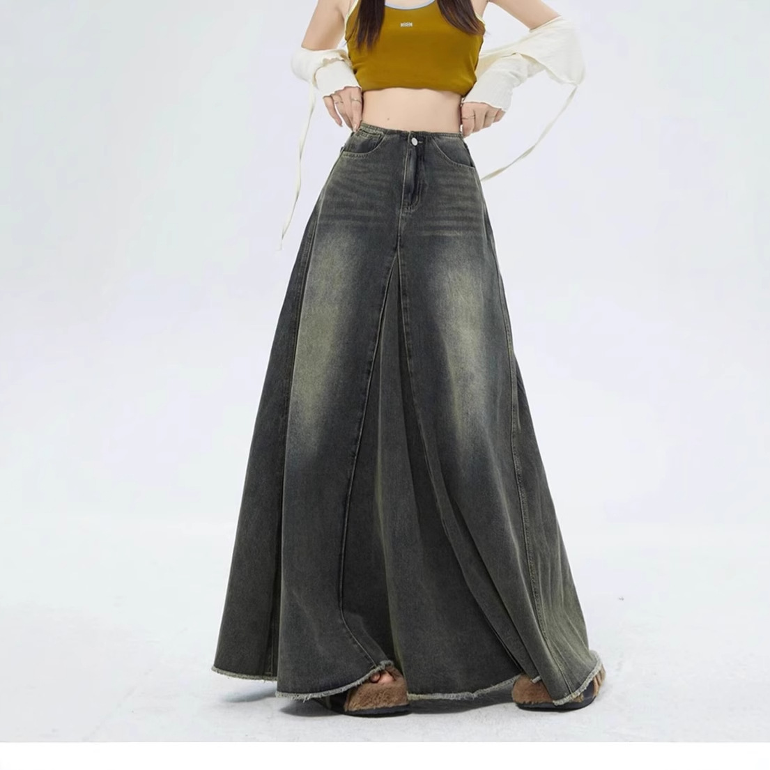 Retro long summer design denim fitted long skirt