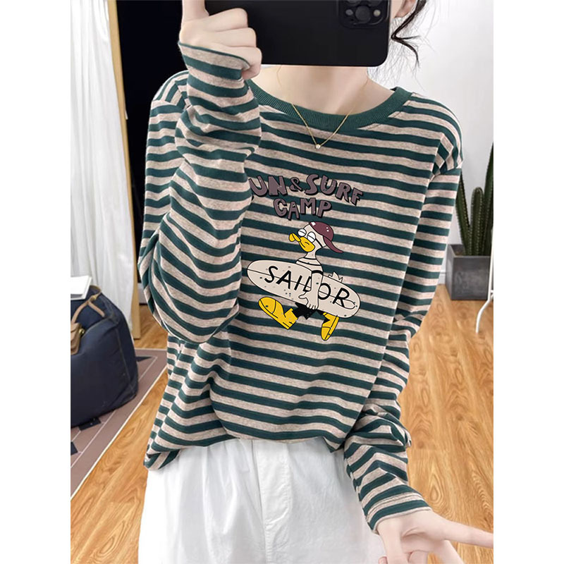 Striped Pure Cotton Long-Sleeved T-Shirt for Women 2025 Early Autumn New Slimming Look and Age-Reducing Fashionable Versatile Top with Bottoming Shirt