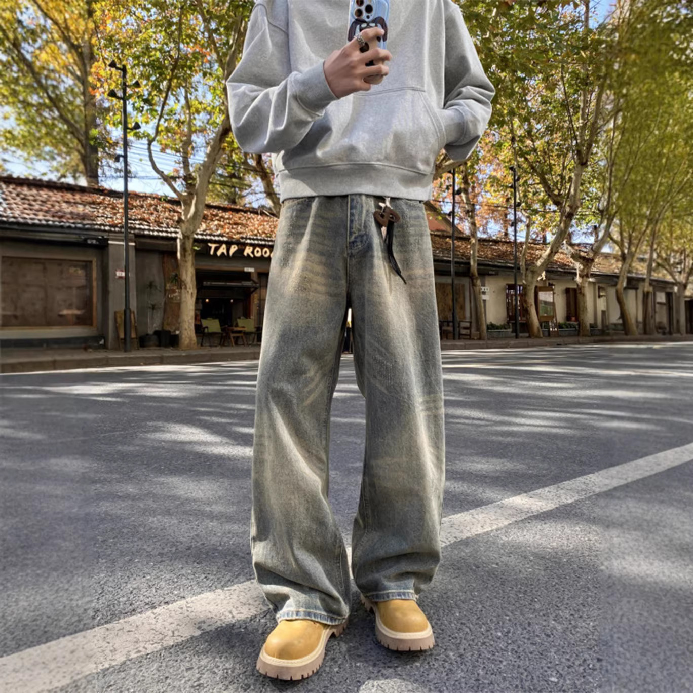 Men's Retro Distressed Cement Yellow Wide Leg Jeans High Waisted Loose Fit Slimming Straight Leg Jeans New Style Machine Washable_mkmklike.com