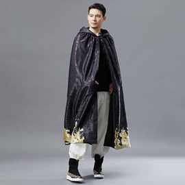复古麻凡秋季新款 金龙带帽披风 斗篷男中国风印花带帽长款风衣棉