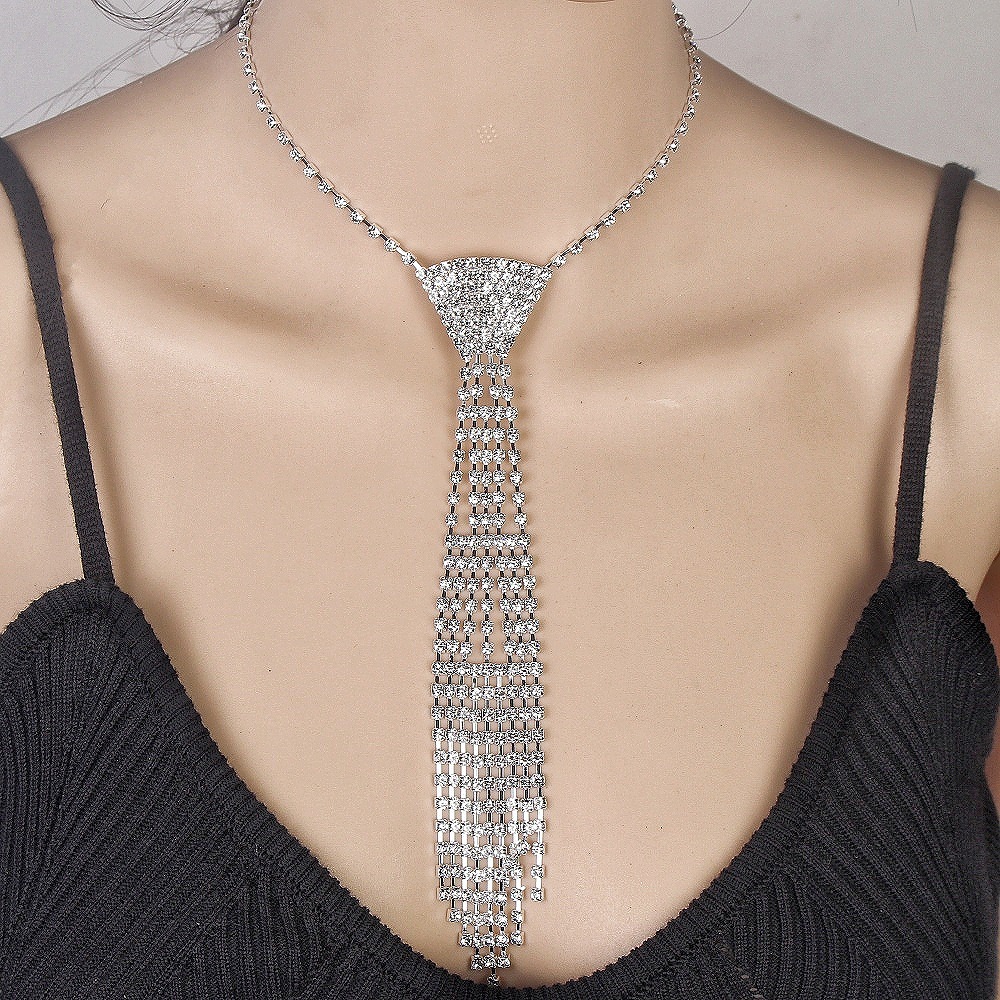 Aliexpress Hot Selling Fashion Women's Long Tassel Bow Tie Necklace Luxury Shiny Rhinestone Necklace Party Jewelry Wholesale