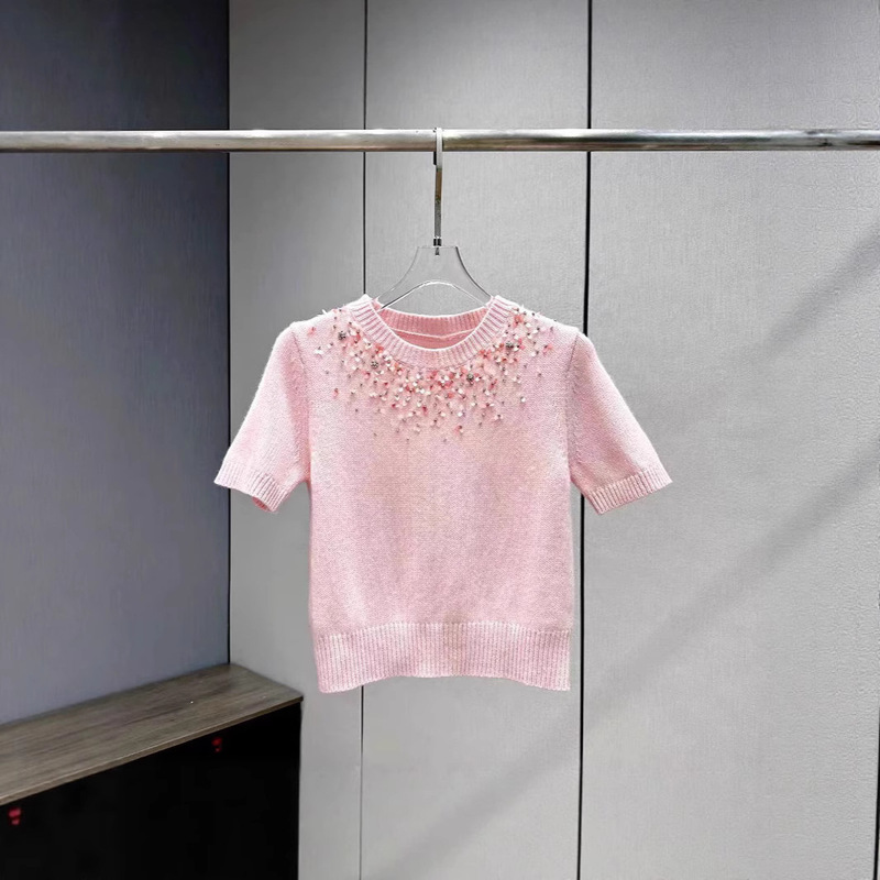 French-Style Short-Sleeve Knit Top for Women, 2025 Summer New Heavy Embellished Rhinestone Sequin Sweet Youthful Top