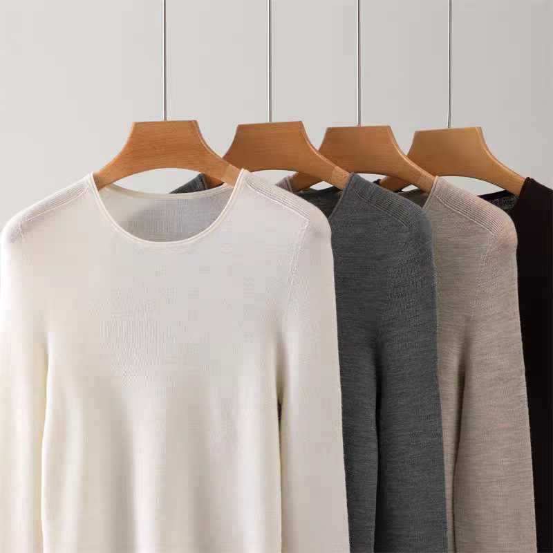Yangzi Yarn Round-Neck Fine-Spun 100% Fine Wool Knit Base Sweater for Women, Slim Fit, Thin Style, Suitable for Layering in Autumn and Winter