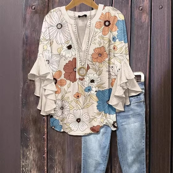 2026 New Cross-Border Independent Website Creative Floral Element 3D Printed Casual Trendy V-Neck Ruffled T-Shirt for Women 2026 New Cross-Border Independent Website Creative Floral Element 3D Printed Casual Trendy V-Neck Ruffled T-Shirt for Women