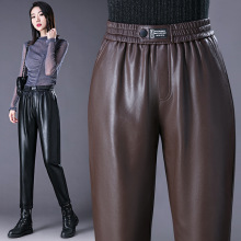 品牌秋冬时尚哈伦皮裤女士绵羊皮加绒韩版高腰修身显瘦百搭休闲裤